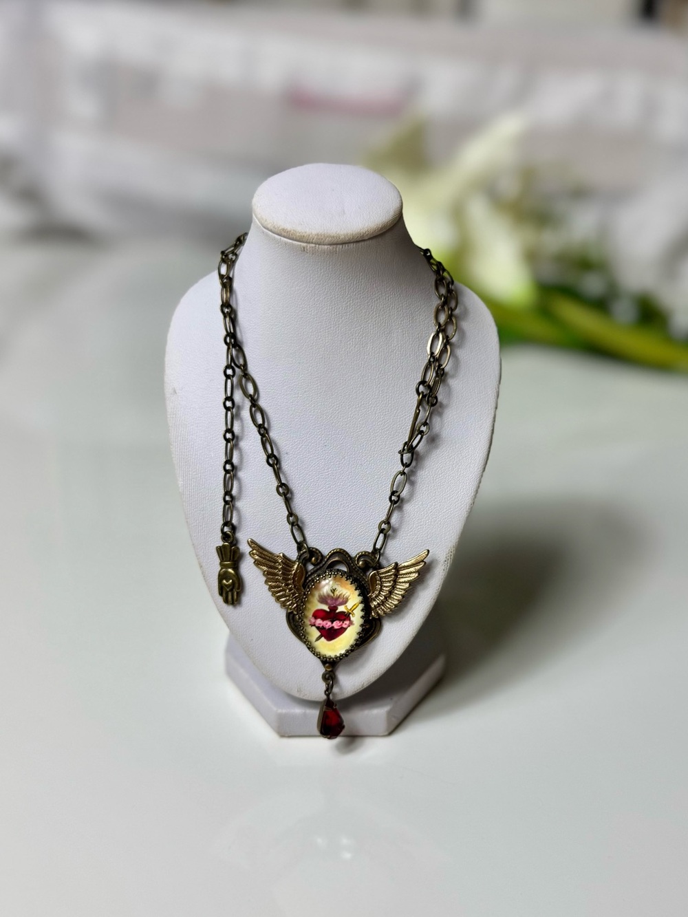 Winged Sacred Heart Pendant: Catholic Necklace with Ruby Drop